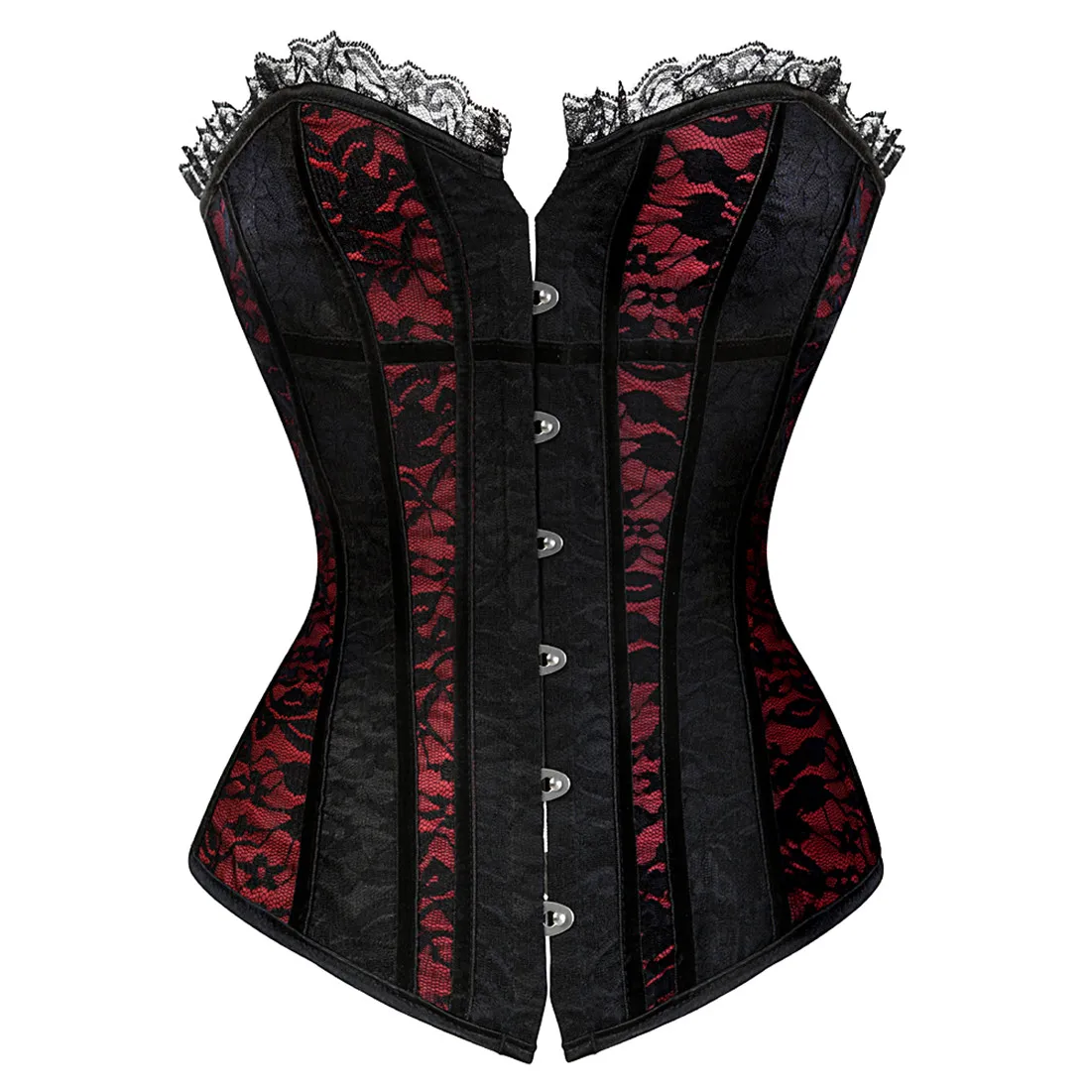 Women's Lace Cover Overbust Corset Lace Up Boned Lingerie Zipper Side Carnival Waist and Body Shaper Bustier Plus Size