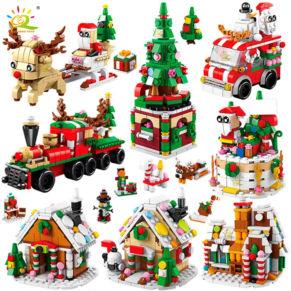 HUIQIBAO 6IN1 Christmas Elk Deer Santa Claus Building Blocks City Snow House Xmas Tree Bricks Set Toys for Children Kids Gift
