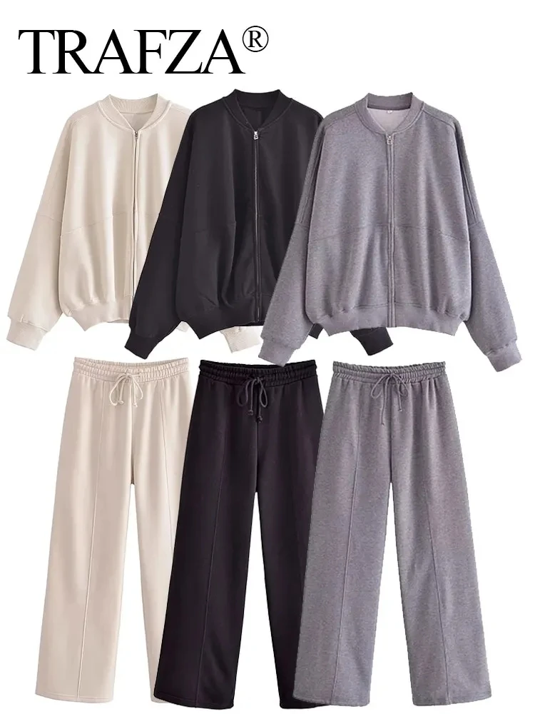 TRAFZA Women Solid Pant Sets Zipper Long Sleeve Coat Bomber Jacket + Drawstring High Waist Trousers Fashion Streetwear Suit