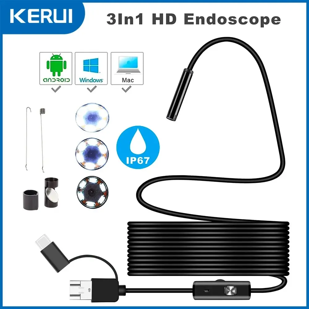 7MM Android Endoscope Camera 3 IN1 Micro USB Type C Borescope Mini Camera Waterproof LED Car Inspection For HUAWEI XIAOMI PC