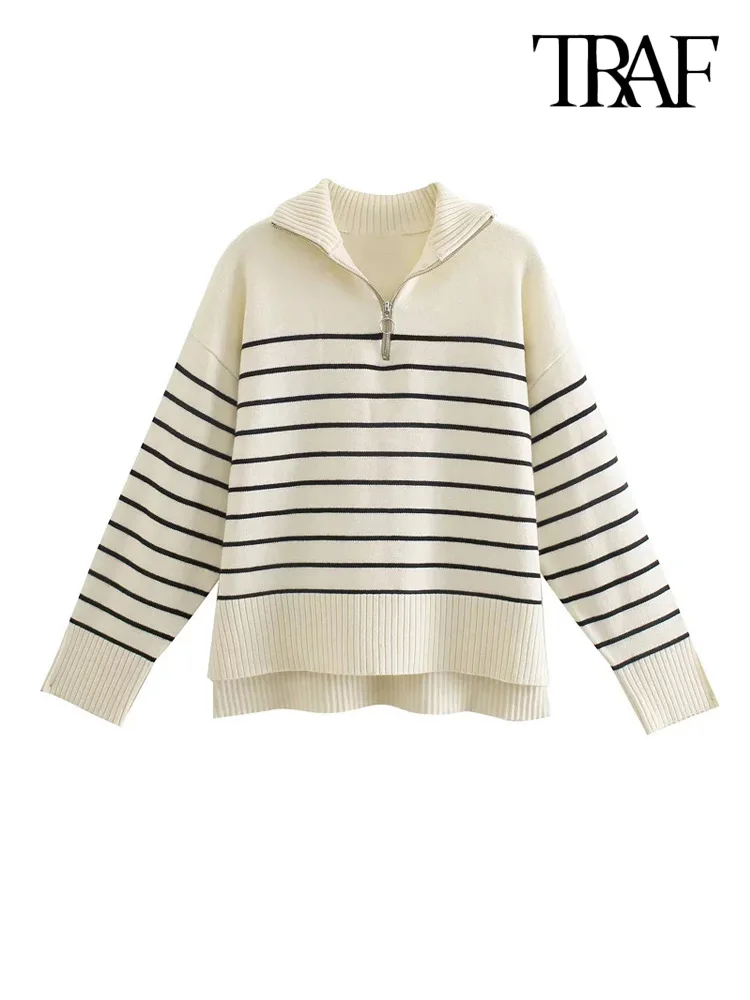 TRAF Women Fashion Loose Striped Asymmetry Knitted Sweaters Vintage Long Sleeve Zip-up Female Pullovers Chic Tops