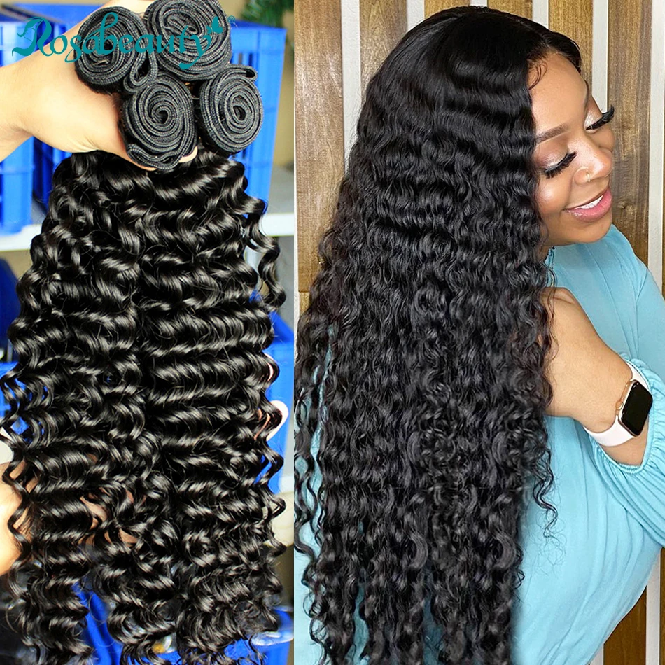 Rosabeauty Deep Wave 28 30 40 Inch 3 4 Bundles Brazilian Remy Hair 100% Natural  Water Wave Curly Human Hair Extensions