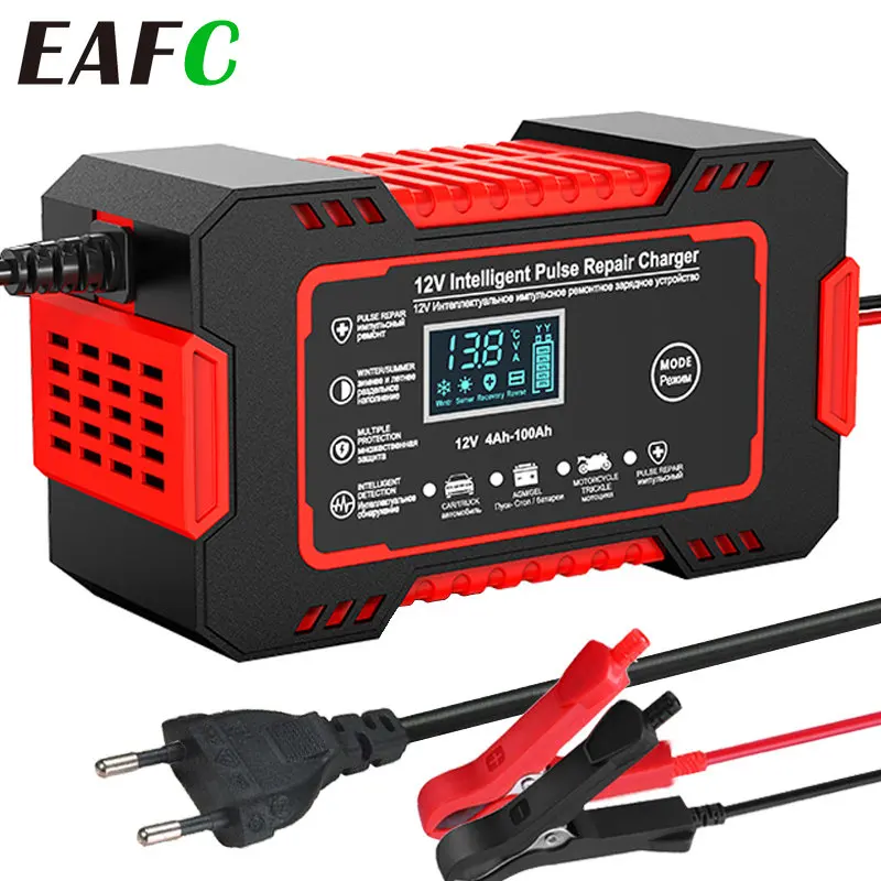 Car Battery Charger 12V 6A Pulse Repair LCD Display Smart Fast Charge AGM Deep Cycle GEL Lead-Acid Charger For Auto Motorcycle