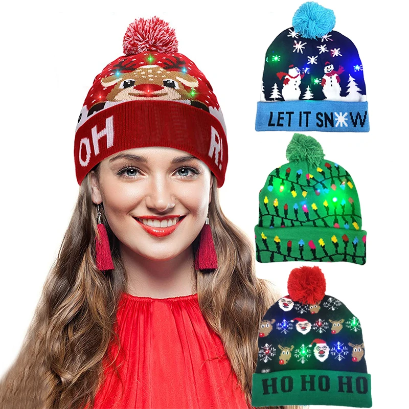 LED Christmas Knitted Hat Light Up Xmas Beanie Cap Unisex Winter Beanie Sweater Hat with Colorful LEDs for Christmas New Year