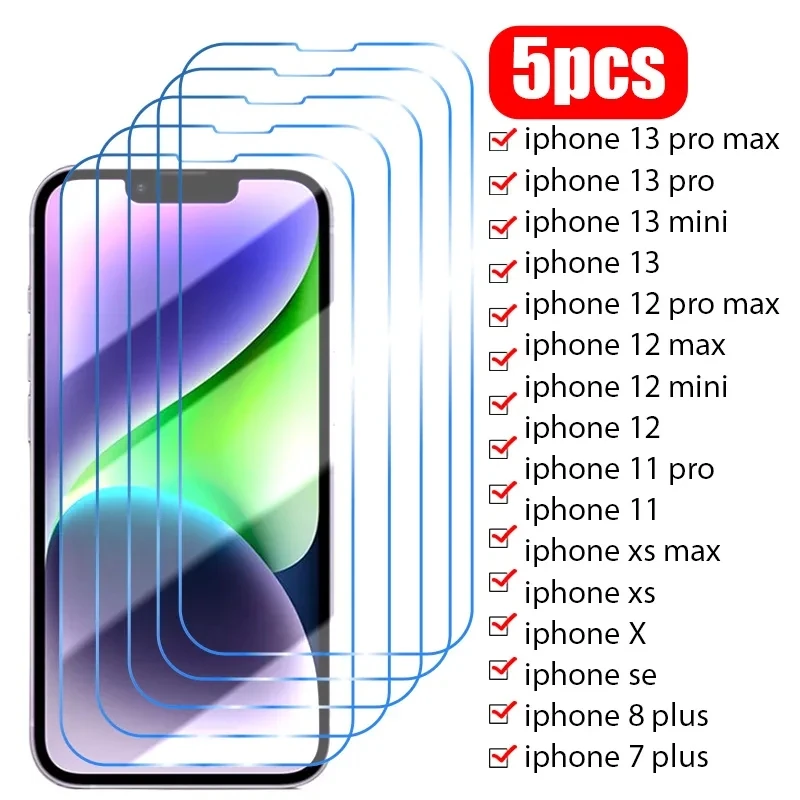 5PCS Tempered Glass For iPhone 14 13 12 11 Pro Max Mini Screen Protector for iPhone 14 8 7 6 6S Plus X XR XS Max SE 2022 Glass