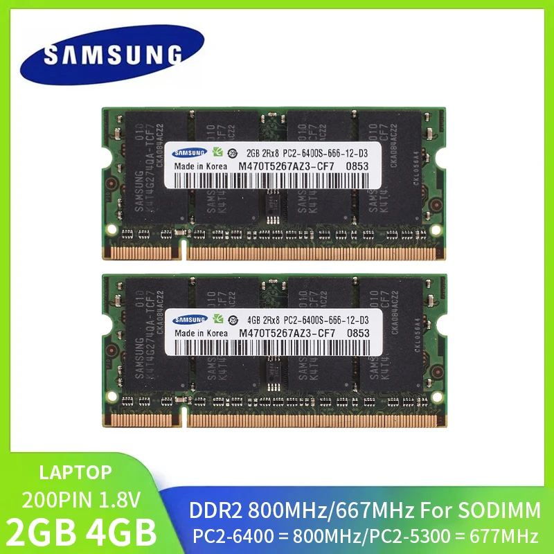 SAMSUNG Laptop RAM DDR2 4GB 2GB Memory 667MHz=PC2-5300s 800MHz=PC2-6400s SODIMM Memory DDR2 Notebook Memory 1.8V