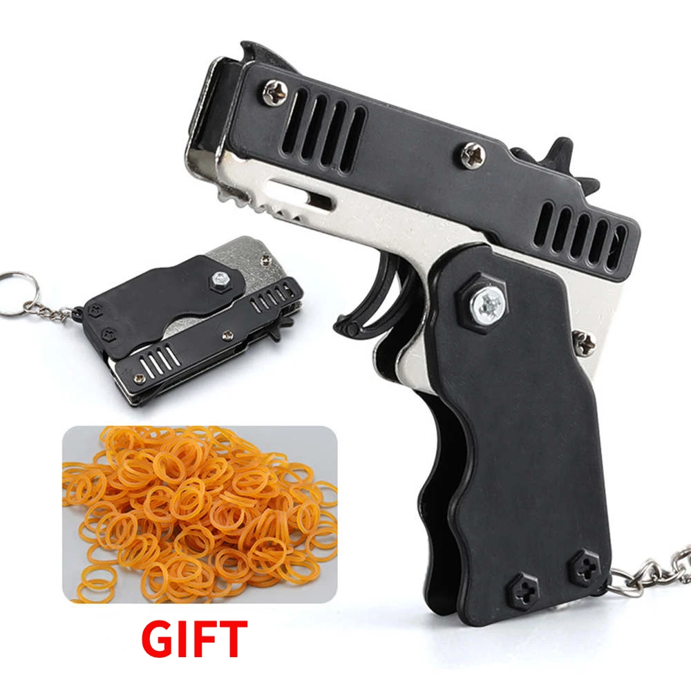 1PCS keychain gun 60 rubber bands rubber band gun Shooting Pistol Alloy Kid Outdoor Party metal gun gift boyfriend Gift Funny