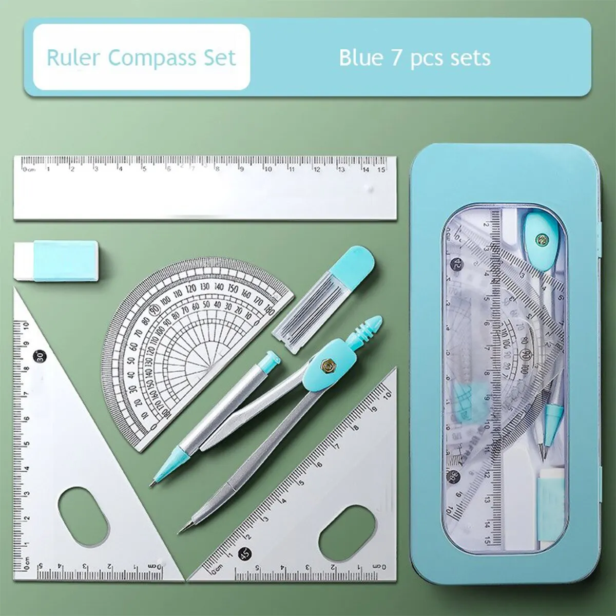 Blue Compass Ruler 7 Pieces Learning Tools Math Drawing Set for Students