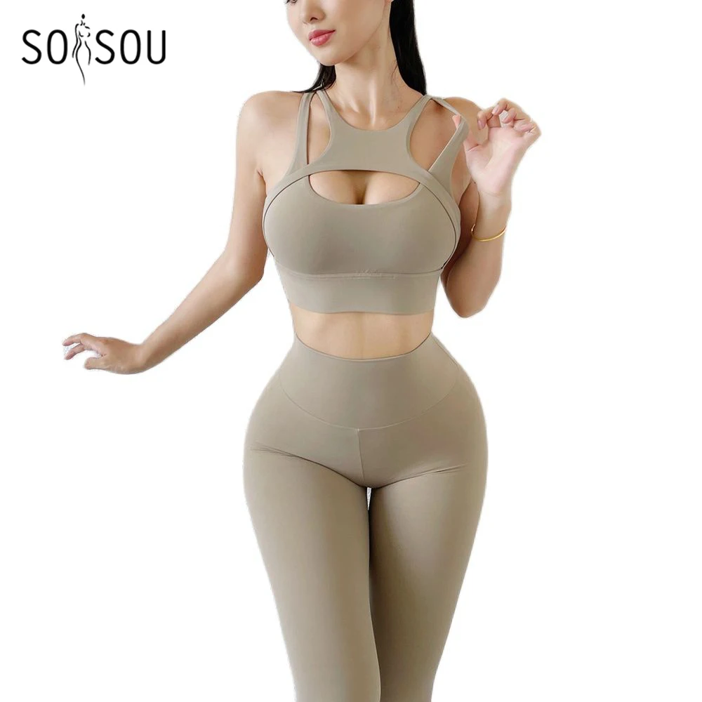 SOISOU Sexy New Women's Tracksuit Sportwear Yoga Set Tight Leggings Sports Bra Elastic Fitness Gym Set Women's Suit 13 Colors