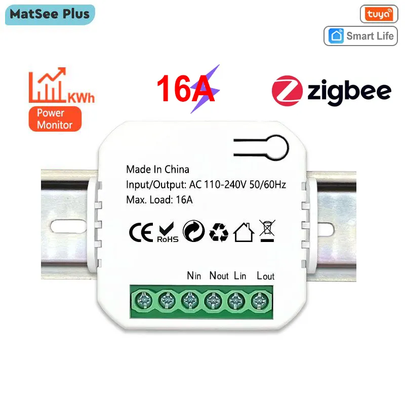Tuya Smart Life ZigBee Switch Electricity Energy Monitor KWh Din Rail 16A Timer Socket Mini Module Works with Google Home Alexa