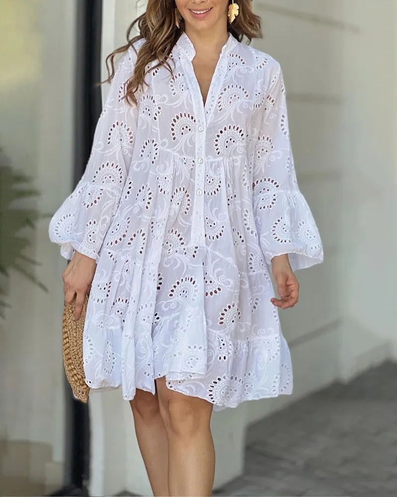 Summer Elegant Vintage Solid Lace Dress V-neck Loose Hollow Out Pattern Embroidery Vestidos Women Beach Sexy Mini Dresses