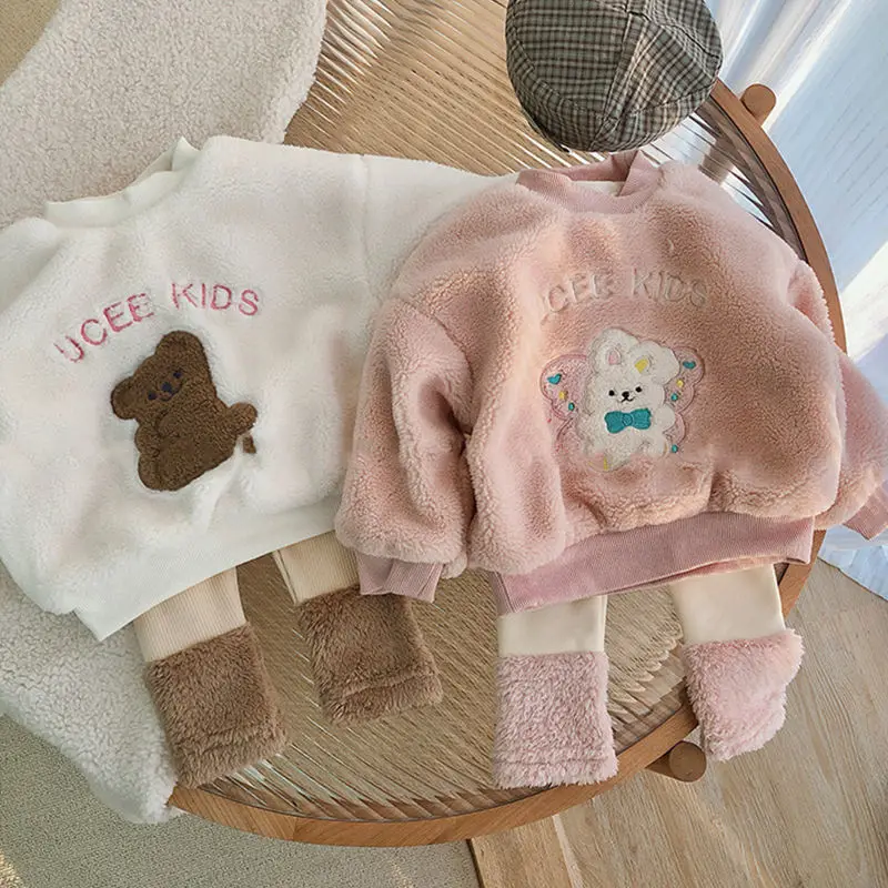 Winter Plush Children's Sets 2023 Cute Lamb Hair Little Bear Baby Clothes Set Thickened Kids Top Pant 2Pcs Set for Boys Girls