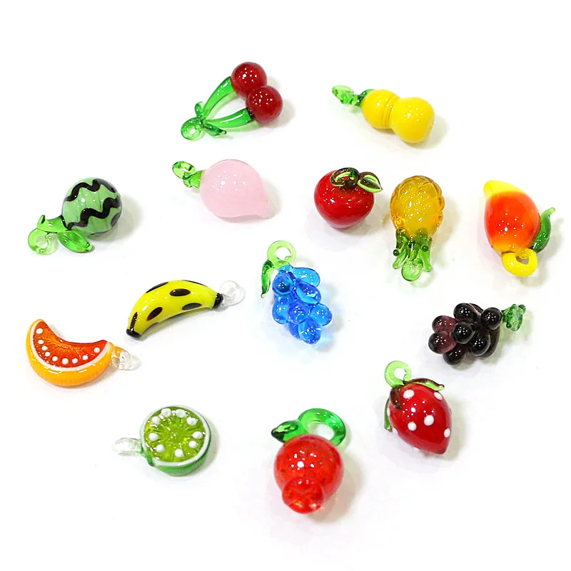 2Pcs Tiny Glass Fruit Pendants Cute Banana Peach Watermelon Apple Cherry Pear Strawberry Grape Orange Lemon Slice Mango Ornament