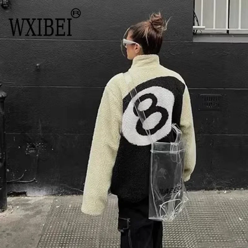 WXIBEI 2023 Vintage Lamb Fur Coat Women Autumn Winter Warm Double Sided Lamb Fleece Outwear Black 8 Billiards Print Jacket 1A037