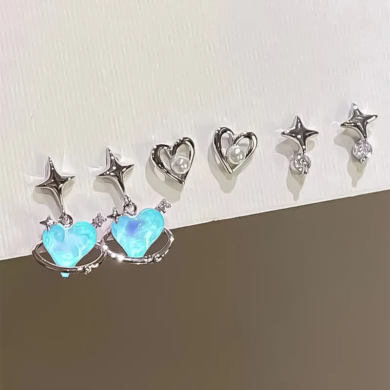 New 6Pcs/Set Heart Stud Earrings Women's Personality Korean Fashion Y2K Blue Crystal Temperament Star Earrings Piercing for Ears