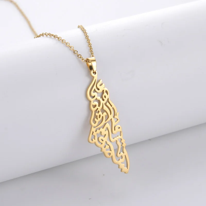 Ethnic Arabic Calligraphy Palestine Map Pendant Necklace For Women Men Stainless Steel Jewelry