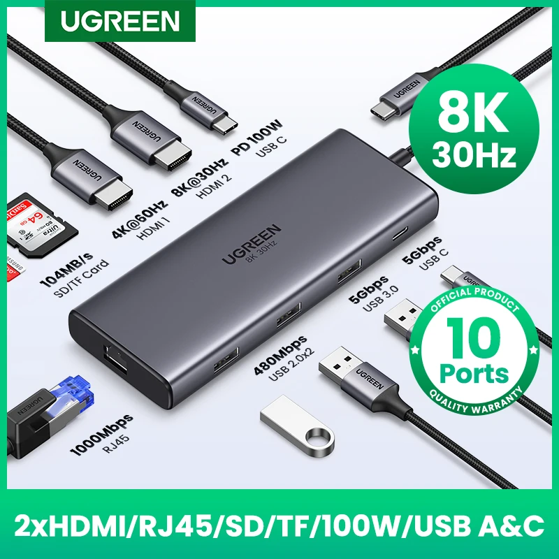 UGREEN Dual HDMI USB HUB 8K HDMI Adapter 10 in 1 Splitter with RJ45 USB 3.0 PD 100W Dock for MacBook Pro Air M2 M1 USB C HUB