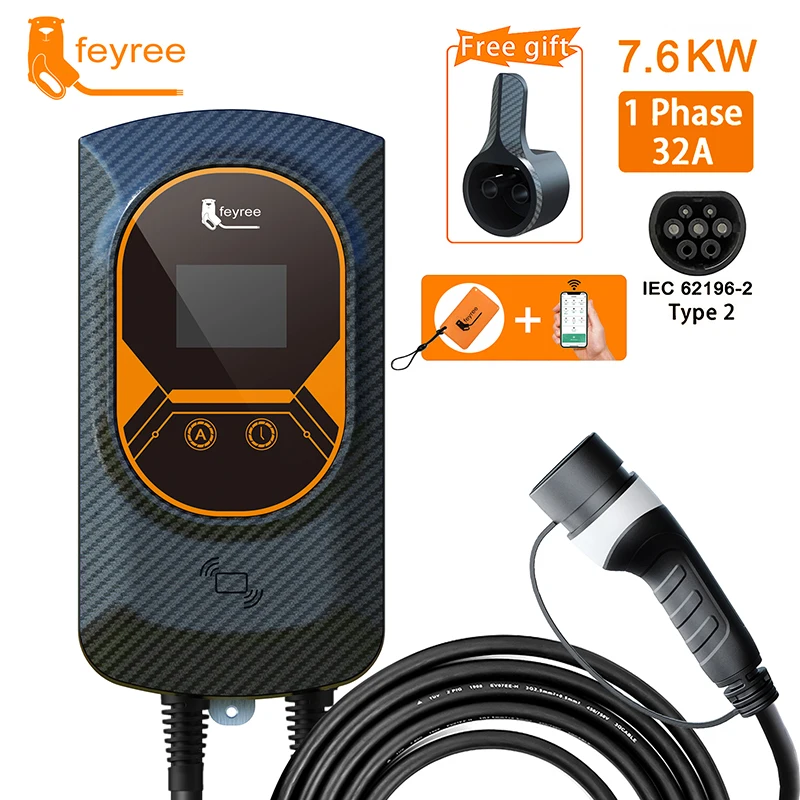 feyree EV Charging Station 32A Electric Vehicle Car Charger EVSE Wallbox Wallmount 7.6/11/22KW Type2 Cable IEC62196 APP Control