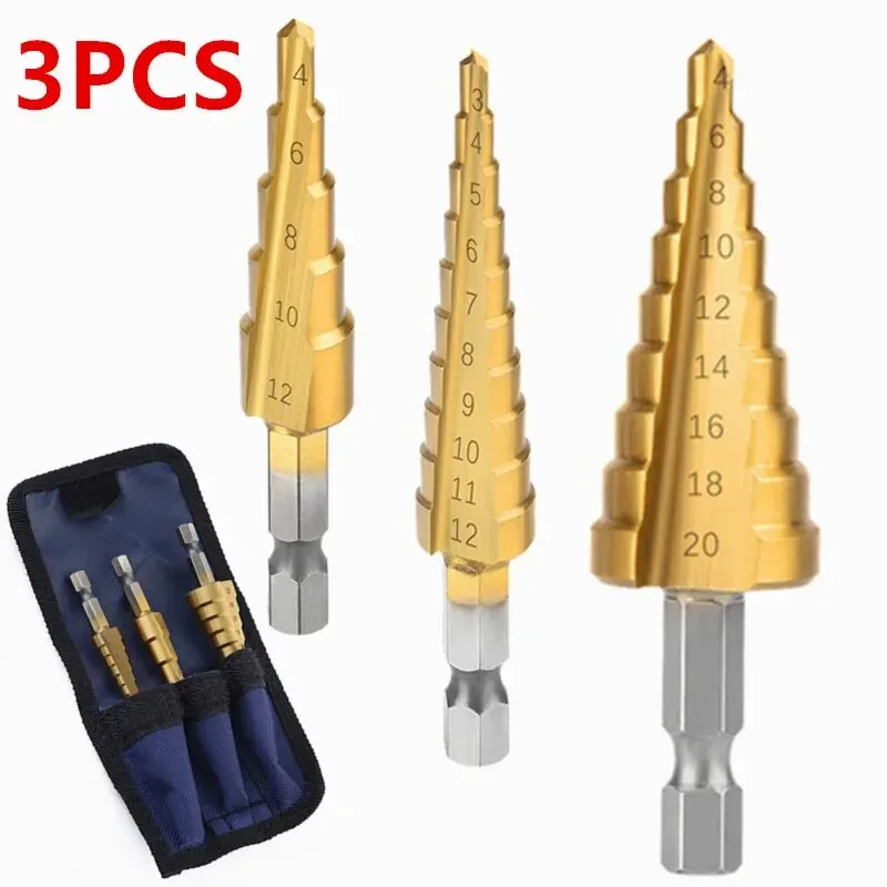 3-12mm/4-12mm/4-20mm Hss Step Drill Bit, Straight Groove DrillTitanium Coated Metal Driller, Drilling Tools Set