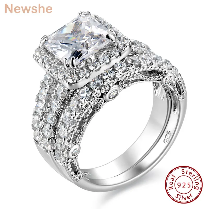 Newshe Vintage Wedding Rings for Women Solid 925 Sterling Silver 4Ct Princess Cut 5A Cubic Zircon 2Pcs Bridal Set Fine Jewelry