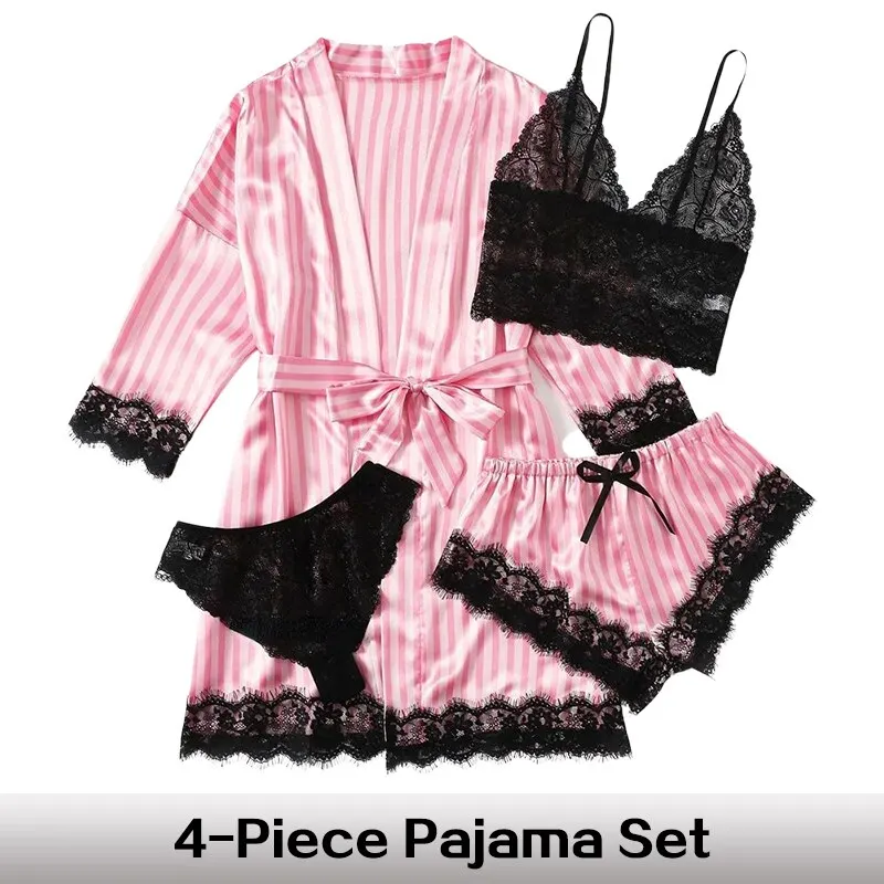 Women's Summer Fashion And Comfortable Nightwear Lace Satin With Silk Sleepwear Robe Sexy Pajama Pants Home Clothes