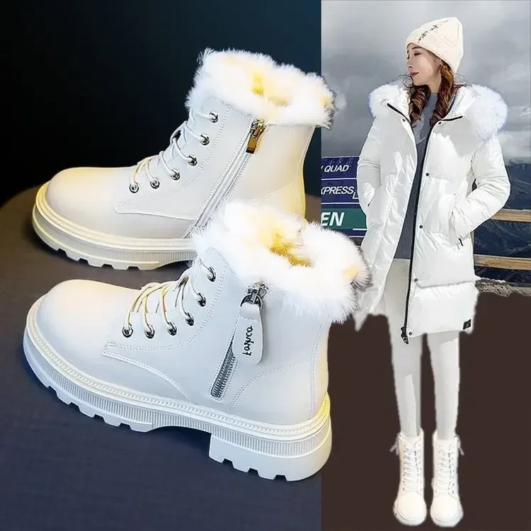 Snow Boots Plush Warm Medium Boots Women's Black and White Winter Thickened Warm Snow Flat Shoes Zapatos Mujer 2024