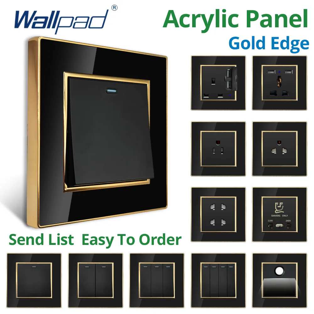 Wallpad Wall Black Acrylic Panel With Gold Border UK US Sockets And Switches 220V 1/2/3/4 Gang 1 2 3 Way Momentary Contact