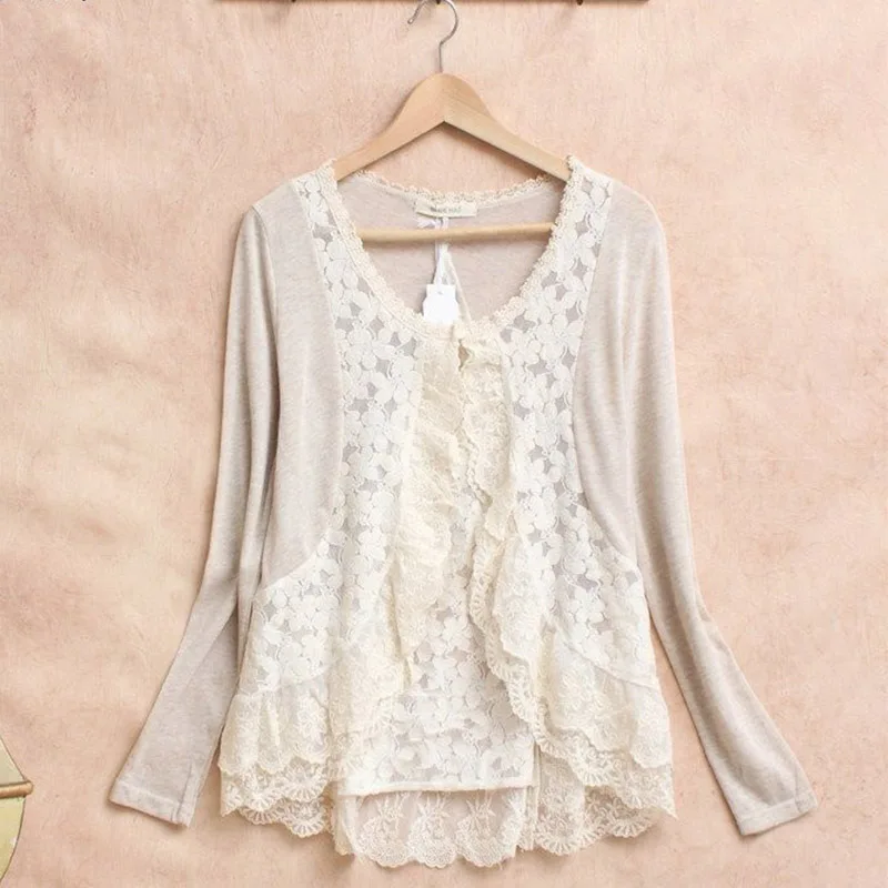 Spring Mori Girl Sweet Shirt Women Crochet Lace Ruffle Cute Long Sleeve Embroidery Cotton Linen Female Blusas Cardigan U053