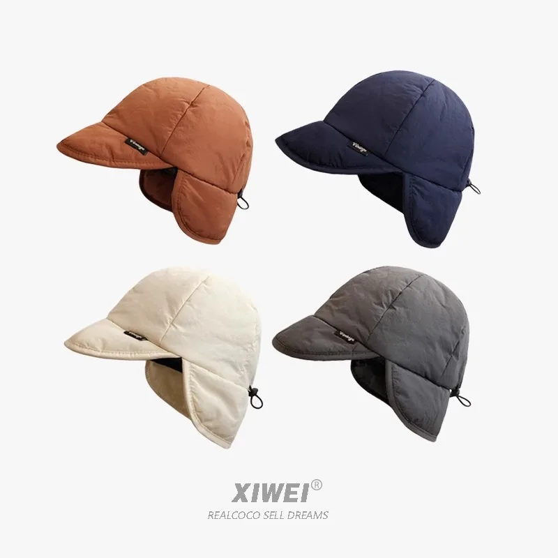 Japanese Retro Padded Ear Bomber Hat Autumn and Winter Fashion Warm Simple Solid Color Outdoor Ski Flying Hats for Men and Women