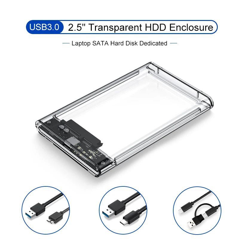 USB 3.0 Transparent HDD Enclosure 2.5" ,Type C Micro Cable External Hard Drive Disk Case 2.5 Inch SATA Box HDD SSD Computer