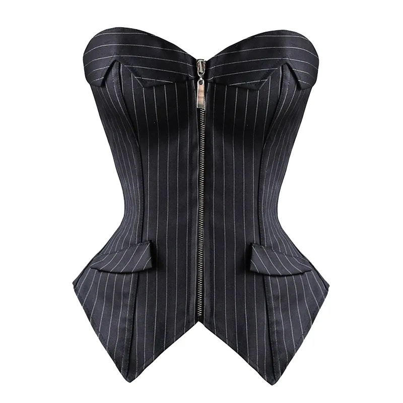 Caudatus Overbust Corsets for Women Striped Office Party Plus Size Corsets and Bustiers Zipper Lingerie Tops Korsett Black