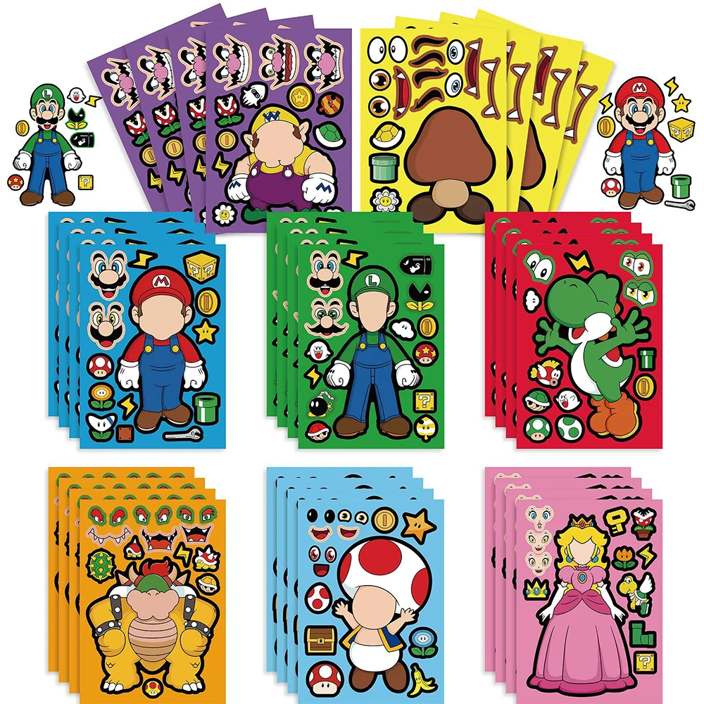 Kawaii Mario Puzzle Stickers Princess Luigi Cartoon Anime Luggage Skateboard Notebook Decals Decoration Kids Toys Birthday Gifts