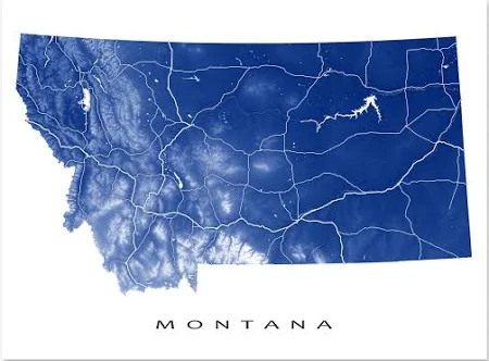Montana State Topographic Road Map Wall Art Print Poster