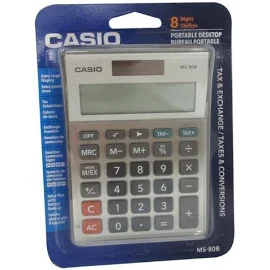 Casio MS80 Desktop Solar Tax Calculator - Extra Large Display, Dual Power, Rubber Feet, Key Rollover, 3-Key Memory, Sign Change, Easy-to-read Display,