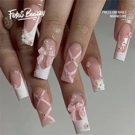 Christmas Decoration Fofosbeauty 24pcs Press On False Nails,Fake Nails for New Year Valentine's Gift,Coffin Flowers Cute French Pink, Kids unisex