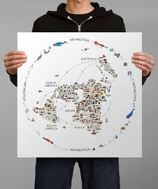 Illustrated Flat Earth Map - Cartoon Map featuring landmarks and animals - Kids Flat Earth Poster
