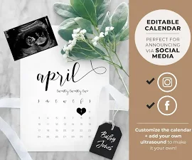 Pregnancy Announcement for Social Media, Pregnancy Announcement Digital, Calendar Announcement, Editable Template