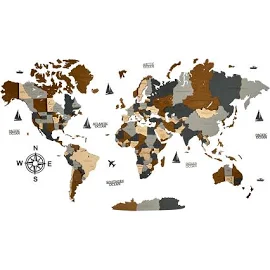 Wooden World Map L Size 63" x 33" ( 160 * 85 cm) - Color (Sky) 3D Art Large Wall Decor - Wall Art for Home & Kitchen or Office. Made in Ukraine