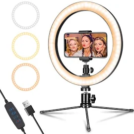 LED Ring Light 10" with Tripod Stand & Phone Holder for Live Streaming & Youtube Video, Dimmable Desk Makeup Ring Light for Photography