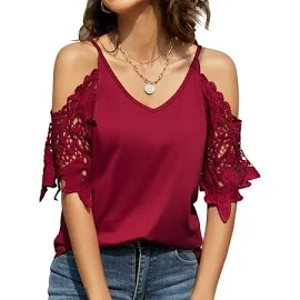 Zhenwei Womens Summer V Neck Cold Shoulder Tops T Shirts Cut Out Lace Short Sleeve Solid Color Blouses Shirt, Women's, Size: Medium, Red