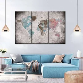 Living Room Wall Art | Canvas Print | Educational World Map III | 3 Piece