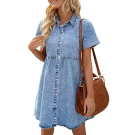 Jxzom Summer Women Denim Dress Short Sleeve Button Down Flowy Tiered Babydoll High Waist Casual A-Line Jeans Dress Beach Vacation Shirts Dress,