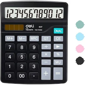 Calculator, Deli Standard Function Desktop Calculators with 12 Digit Large LCD Display, Solar Battery Dual Power Office Calculator, Black