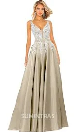 dramatic white lace applique plunging v neck a line satin ball gown prom dress Champagne