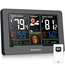 Newentor Weather Station Wireless Indoor Outdoor Thermometer, Color Display Digital Weather Thermometer with Atomic Cloc