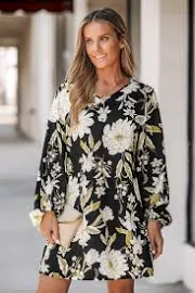 Cupshe V-Neck Long Sleeve Floral Dress - Black,S