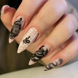 IMSOHOT Matte Long Press On Nails Almond Stiletto Snake Fake Nails Full Cover Black False Nails with Designs White Glue On Nails Acrylic Nails for Wom