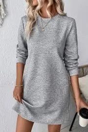 Dropship Clothes Black Solid Color Textured Long Sleeve Shift Dress Gray / S / 97%Polyester+3%Elastane