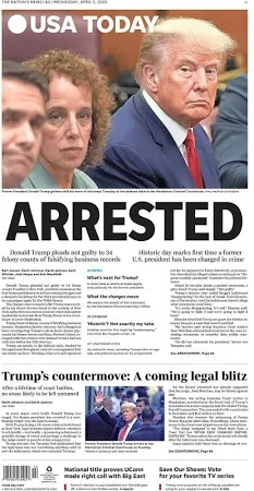 Trump Arrested Historical Cover Headline Usa Today Hard Copy Newspaper