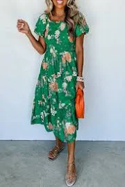 Green Floral Print Bubble Sleeve Smocked Tiered Midi Dress - Green / S / 100%Viscose